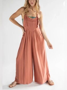 Natural Life Carrington Jumpsuit Rust Rayon Linen Wide Leg Boho Pockets 
Small